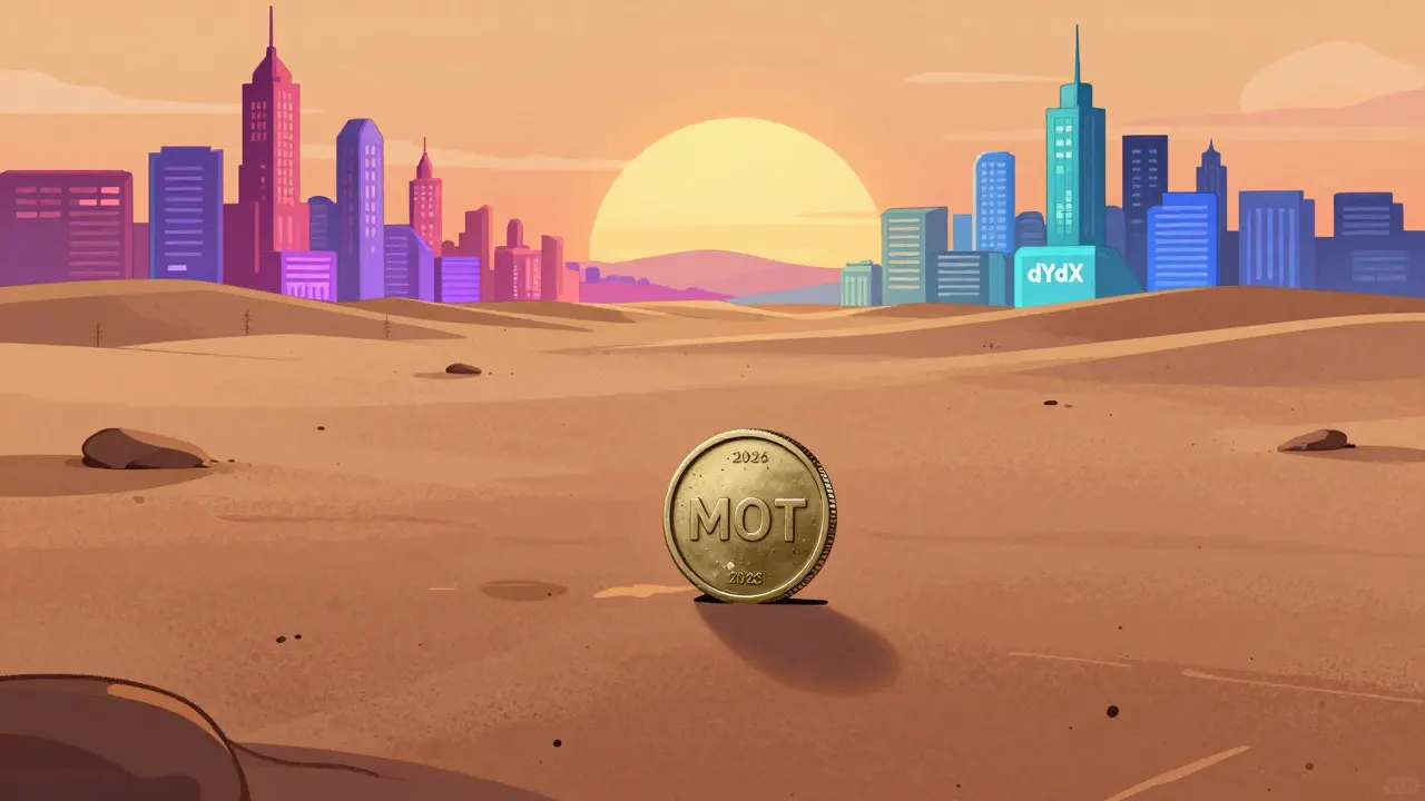 Tiny MOT coin in a desert representing low market activity