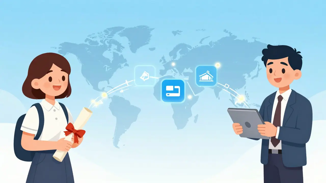 Two people connected by blockchain across borders