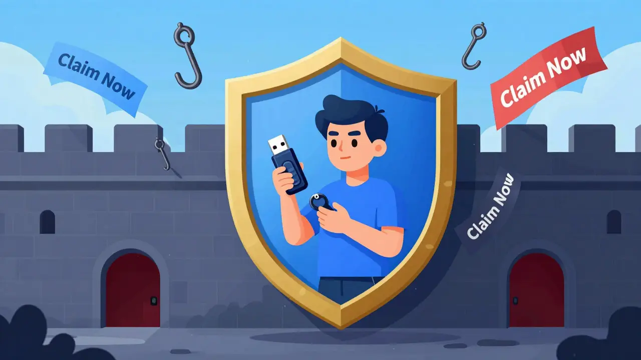 User protecting crypto assets with hardware wallet against scams