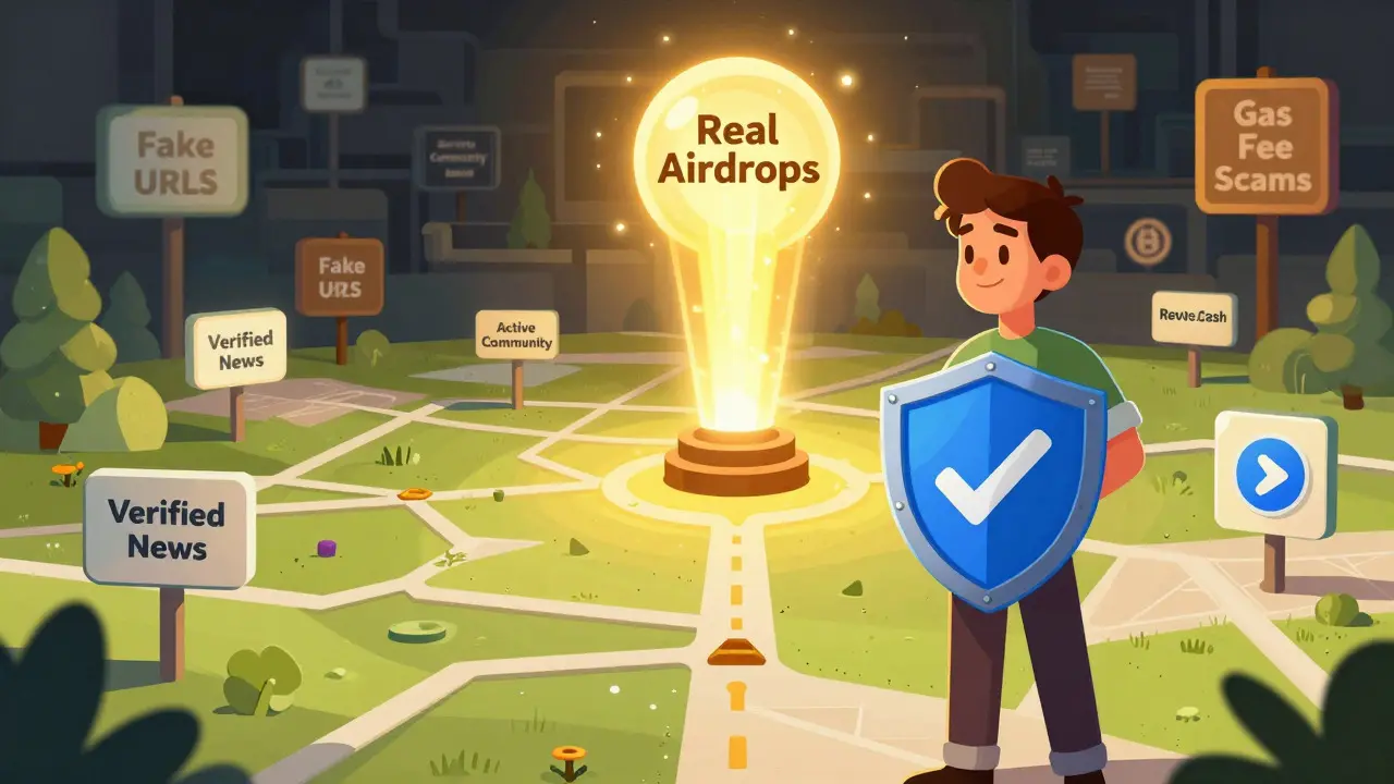 User safely navigating toward real airdrops while avoiding scam traps