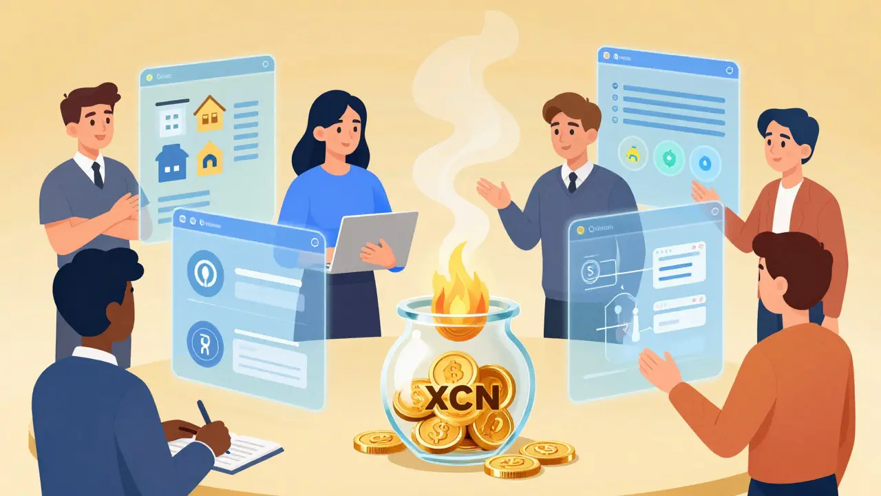 Users interacting with DeFi lending and burning XCN tokens