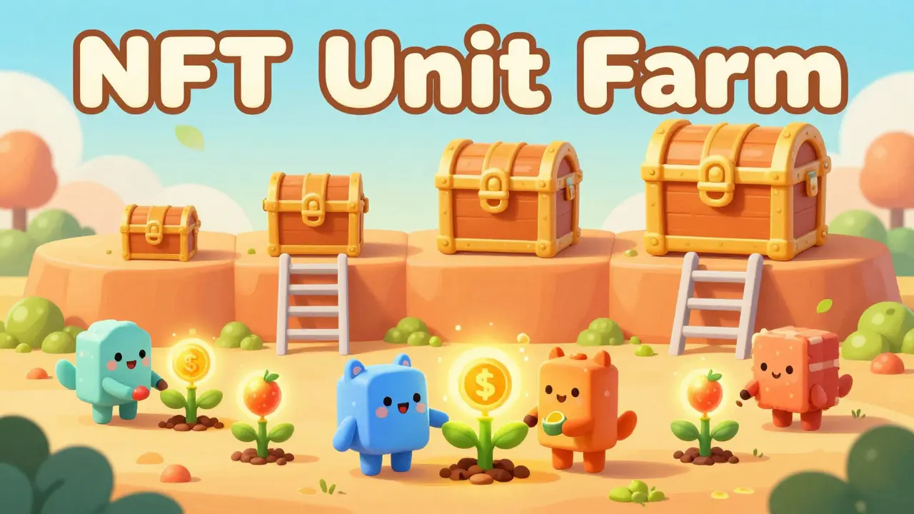 Whimsical cartoon NFTs farming glowing tokens in tiered reward fields