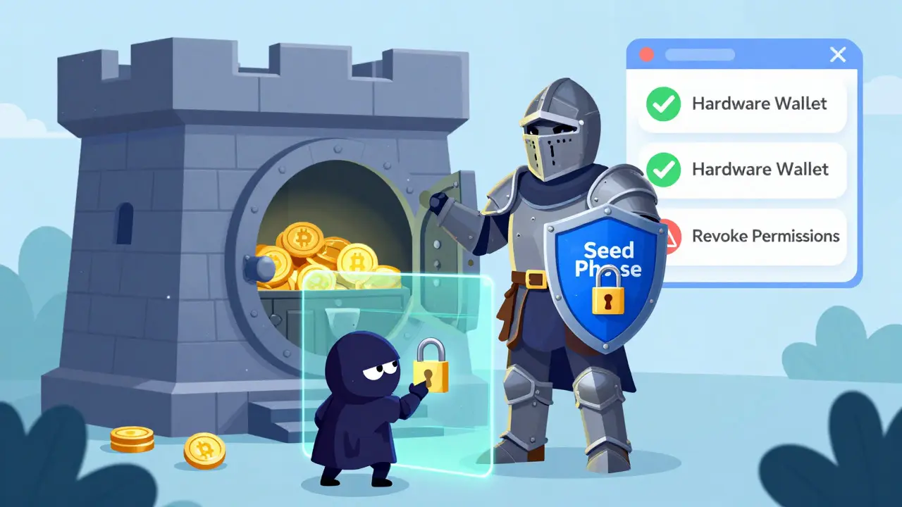 Armored knight protecting crypto vault from thieves using security best practices
