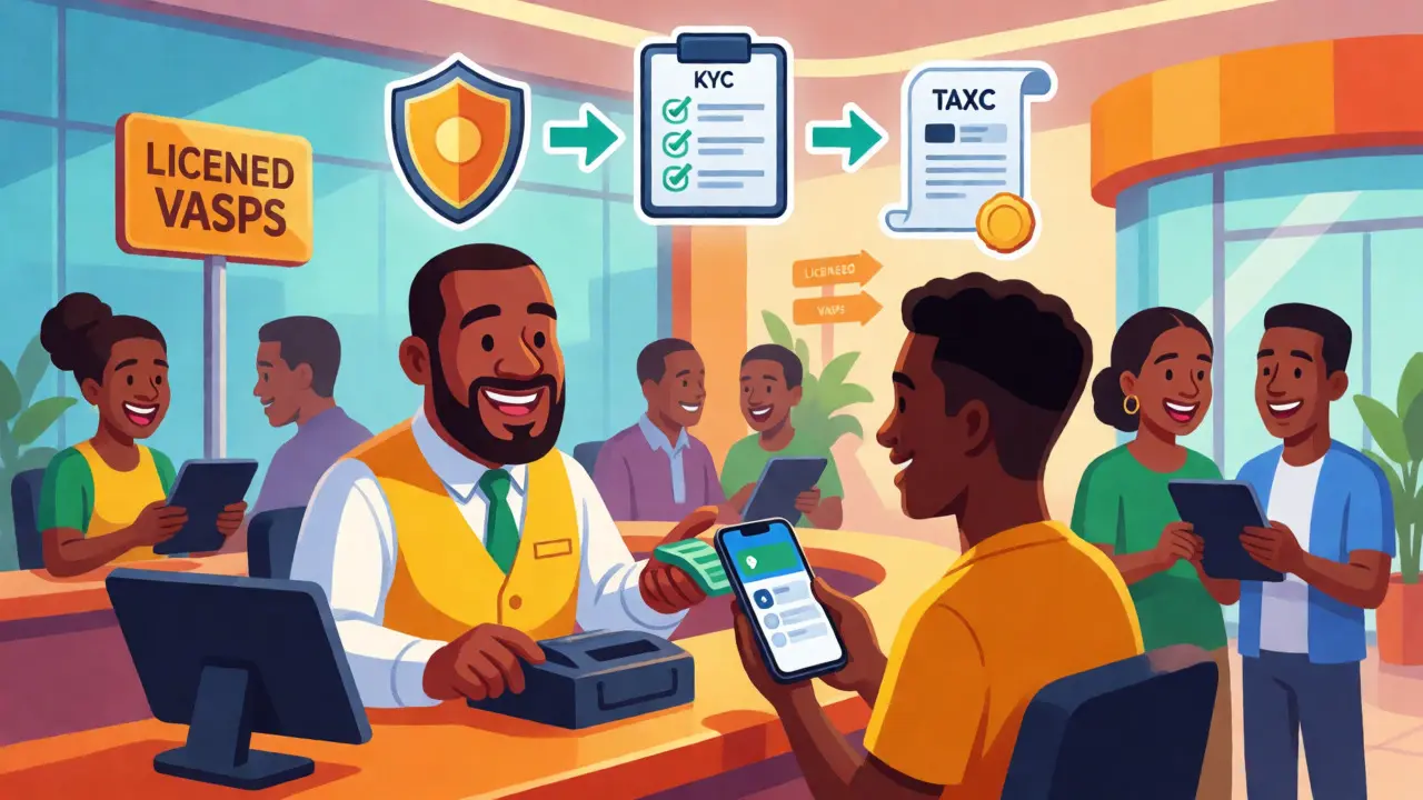Bank teller serving a crypto client with floating icons for security, KYC, and tax compliance.