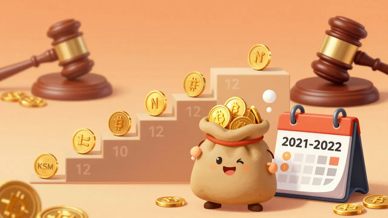 Cartoon character holding NEER tokens from the 2021-2022 Kusama crowdloan vesting schedule.