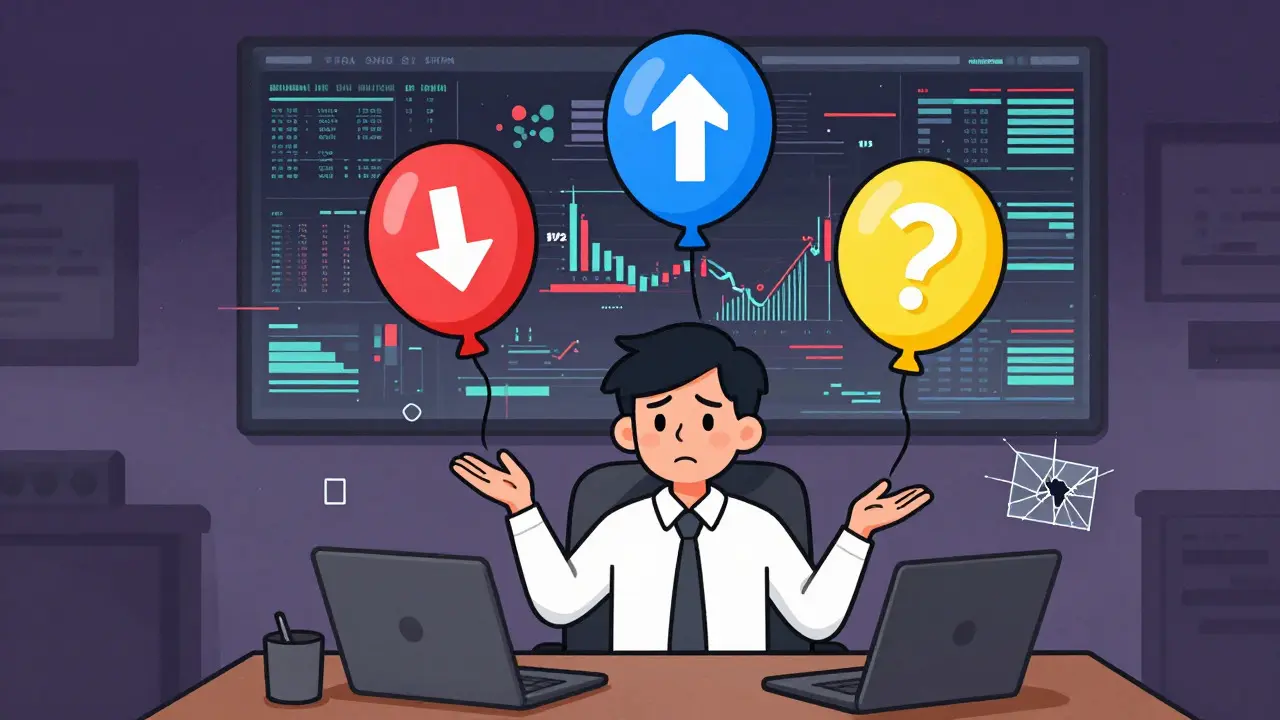 Cartoon character juggling data balloons amidst digital chaos