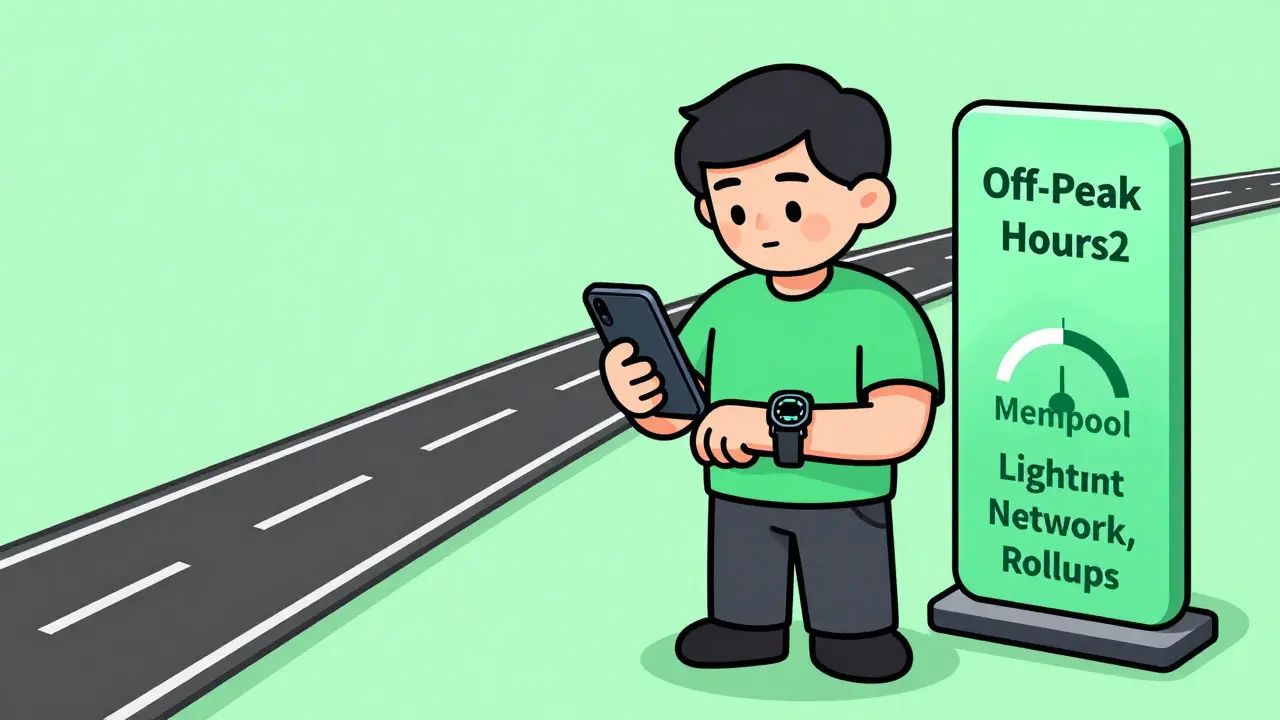Cartoon character saving money by timing transactions and using Layer-2