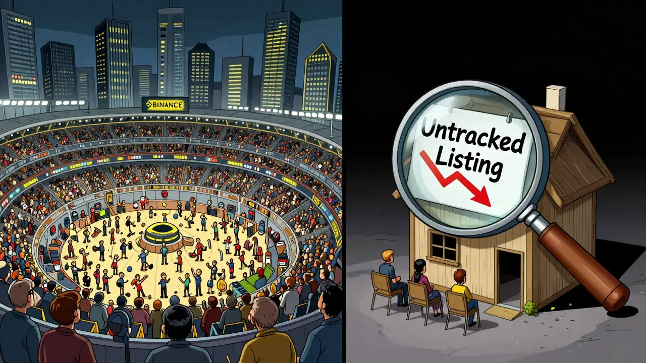 Cartoon comparing huge busy exchange vs tiny quiet one with untracked status.