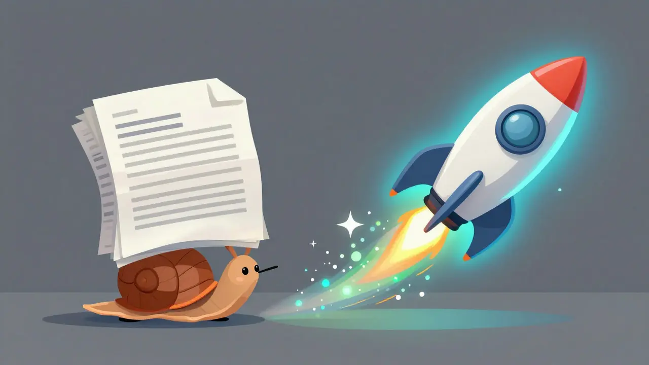Cartoon comparing slow paper documents with a fast rocket carrying a digital token