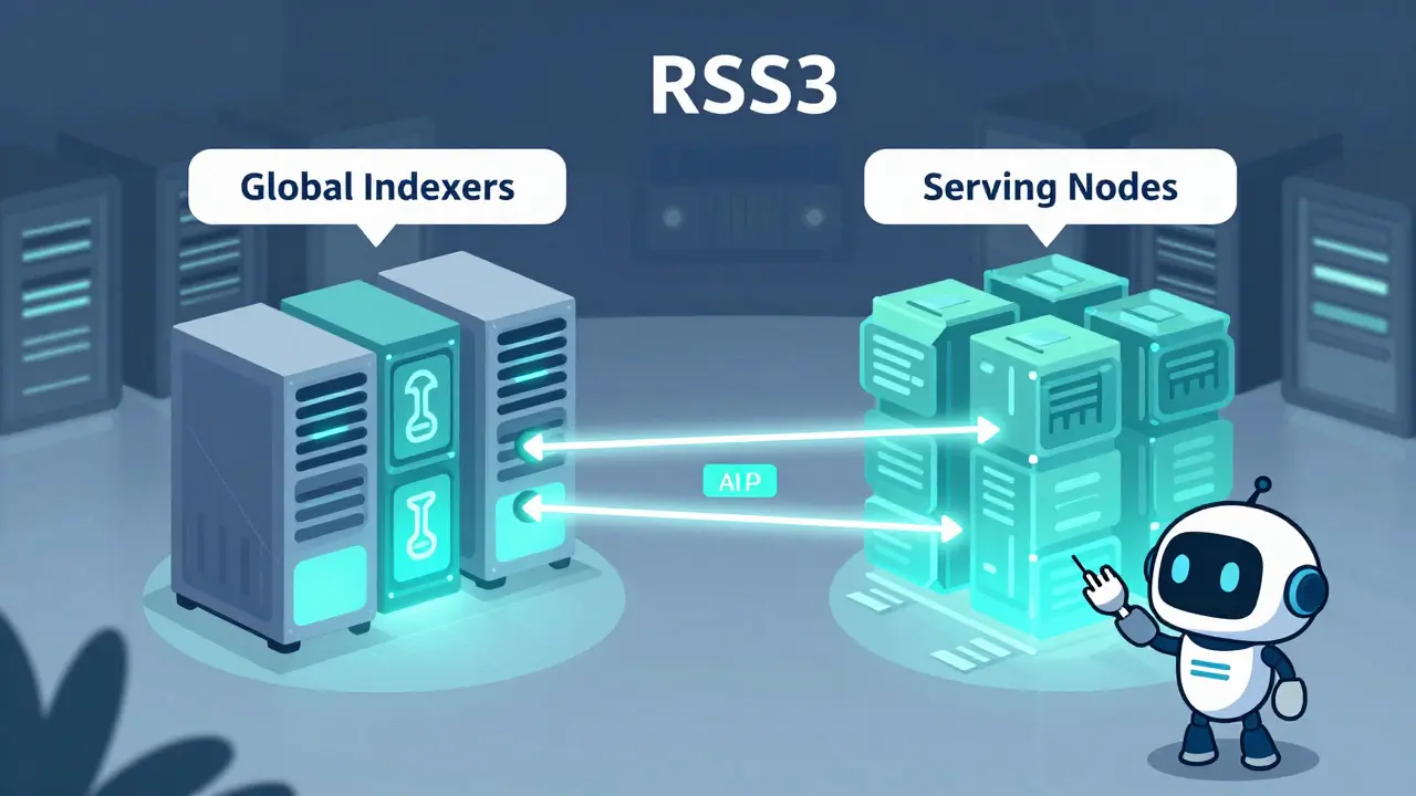 Cartoon depiction of RSS3 protocol nodes indexing and serving blockchain data