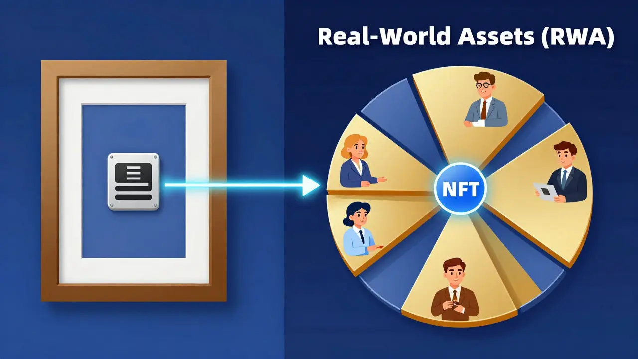 Cartoon graphic showing physical art linked to fractional digital ownership