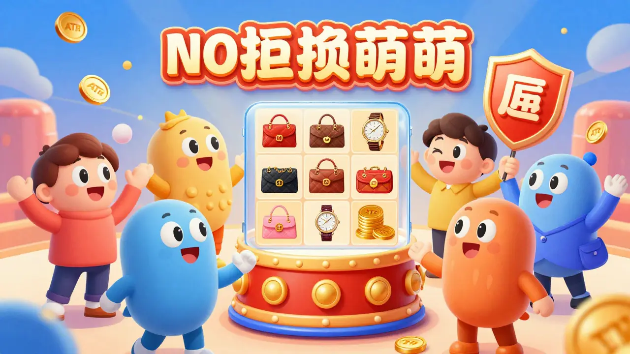 Cartoon illustration of users staking tokens for luxury item raffles