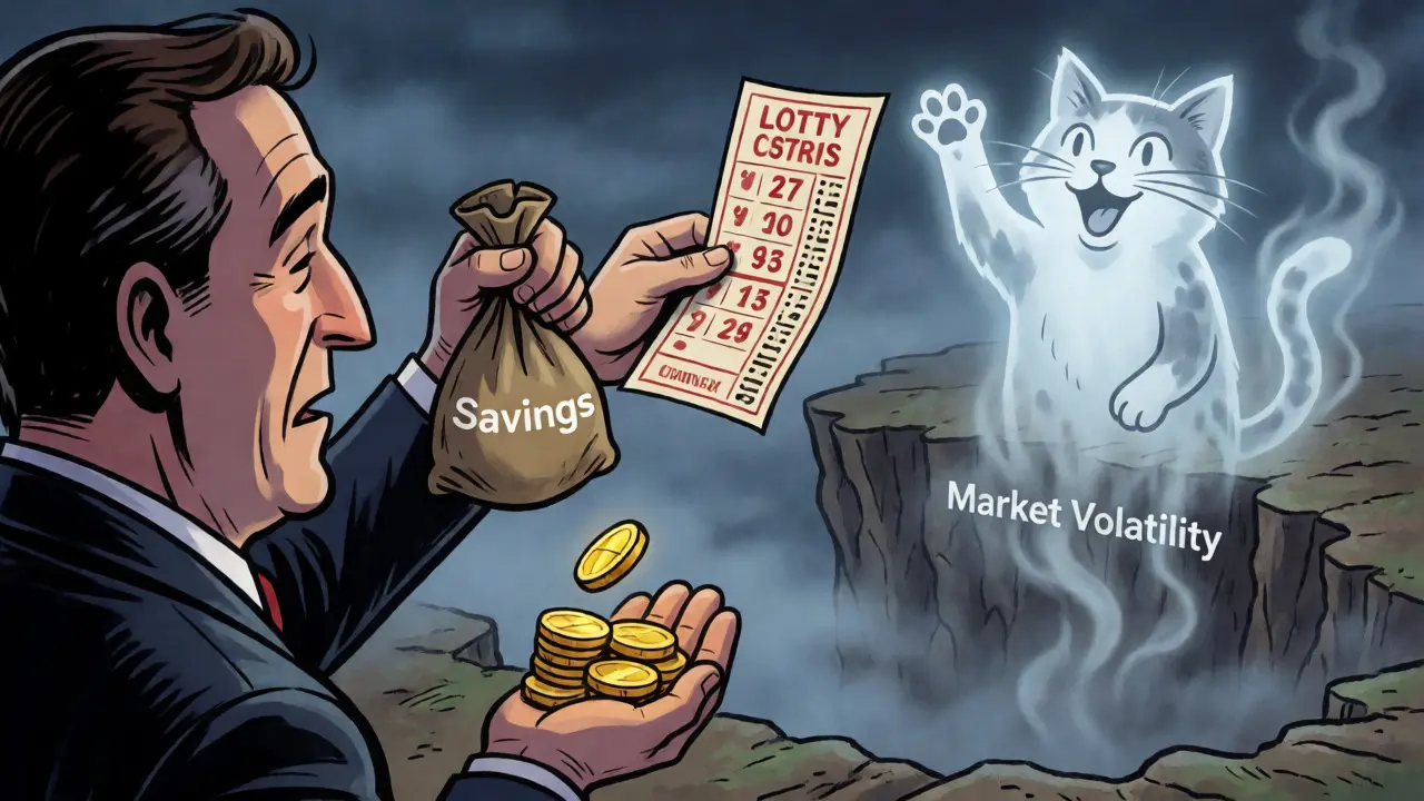 Cartoon investor hesitating to toss savings into a volatility abyss.