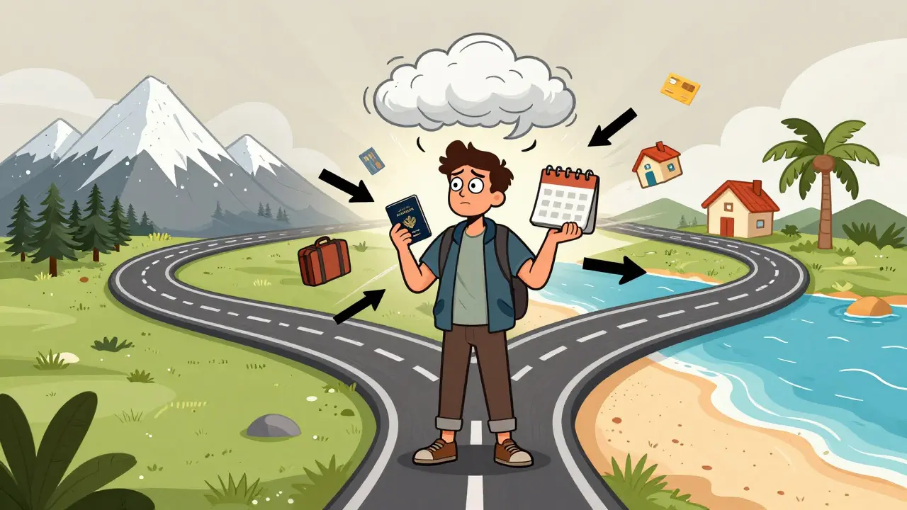 Cartoon of a confused traveler at a crossroads dealing with complex tax residency rules