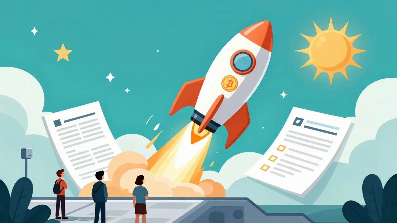 Cartoon of a crypto rocket launching from a compliance base, symbolizing regulated market growth