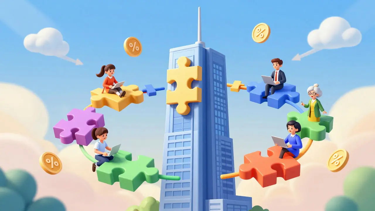 Cartoon of diverse people holding shares of a tokenized skyscraper in the sky.