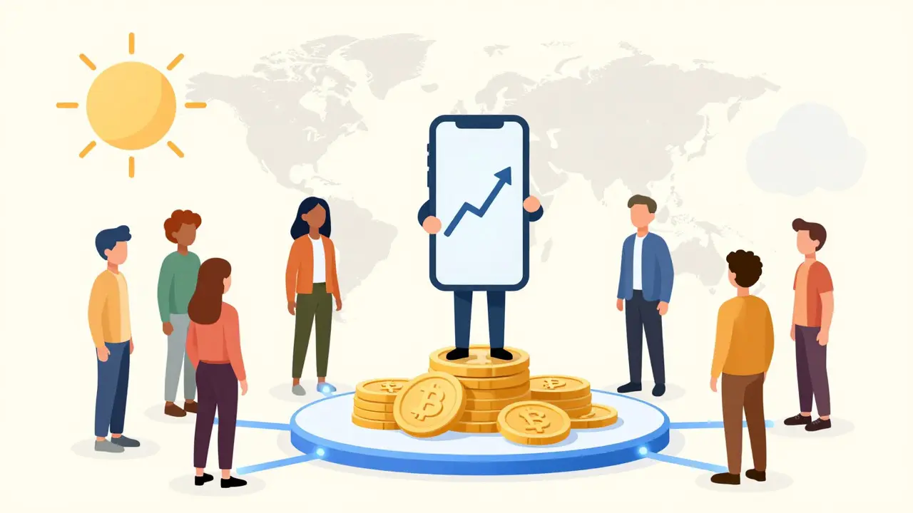 Cartoon of people connecting to a central platform for global real estate investment
