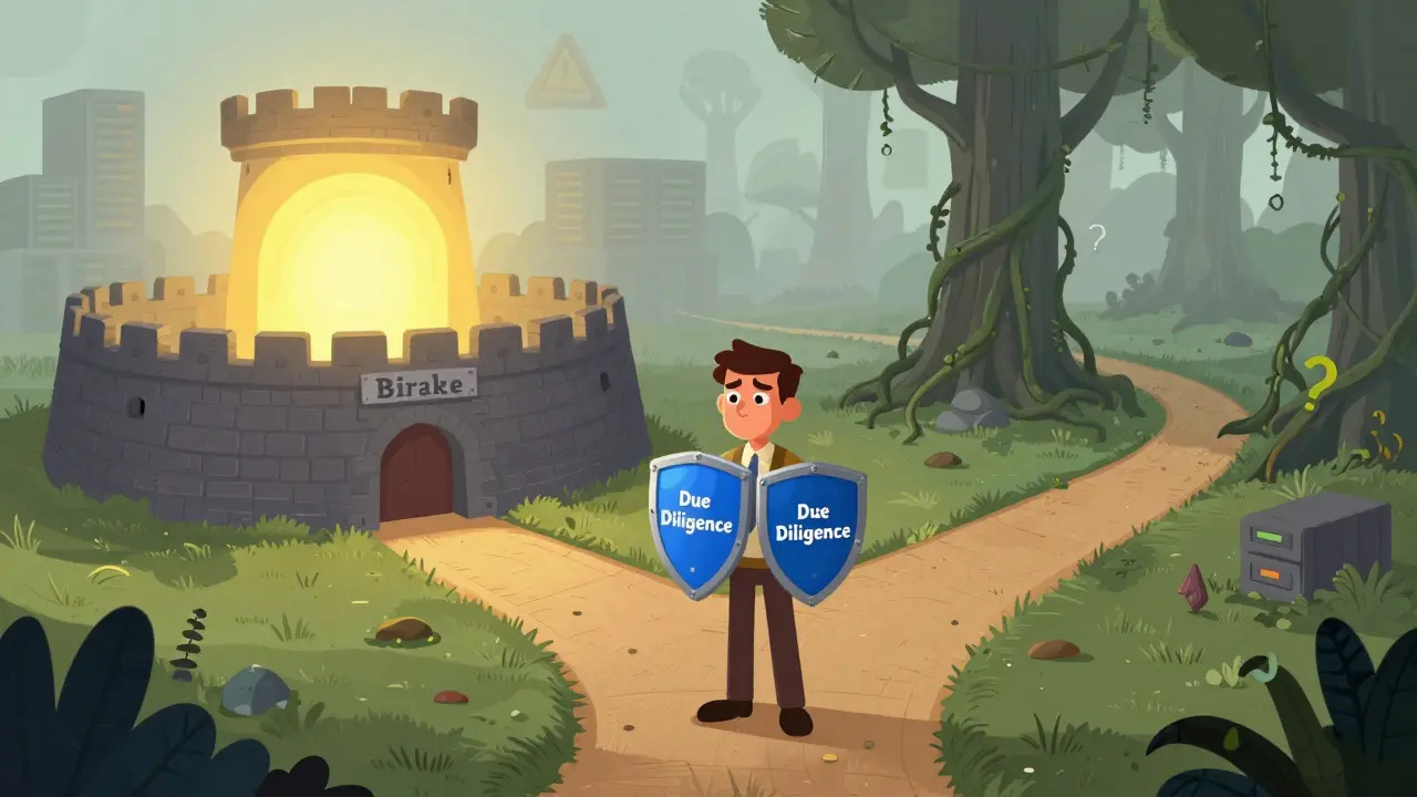 Cartoon of trader choosing between safe fortress and risky foggy path.