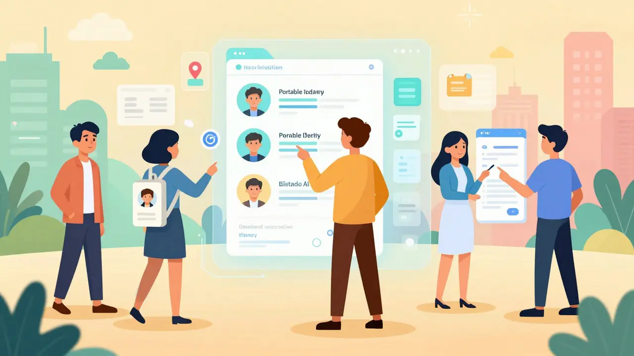 Cartoon scene showing users leveraging portable identity and AI personalization
