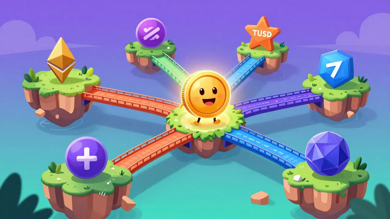 Cartoon showing a coin connected to multiple blockchain islands via bridges