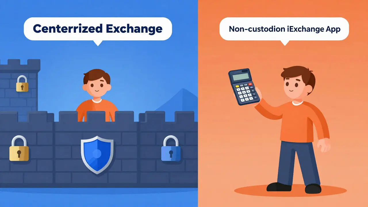 Cartoon split view contrasting a secured exchange vault with a free calculator