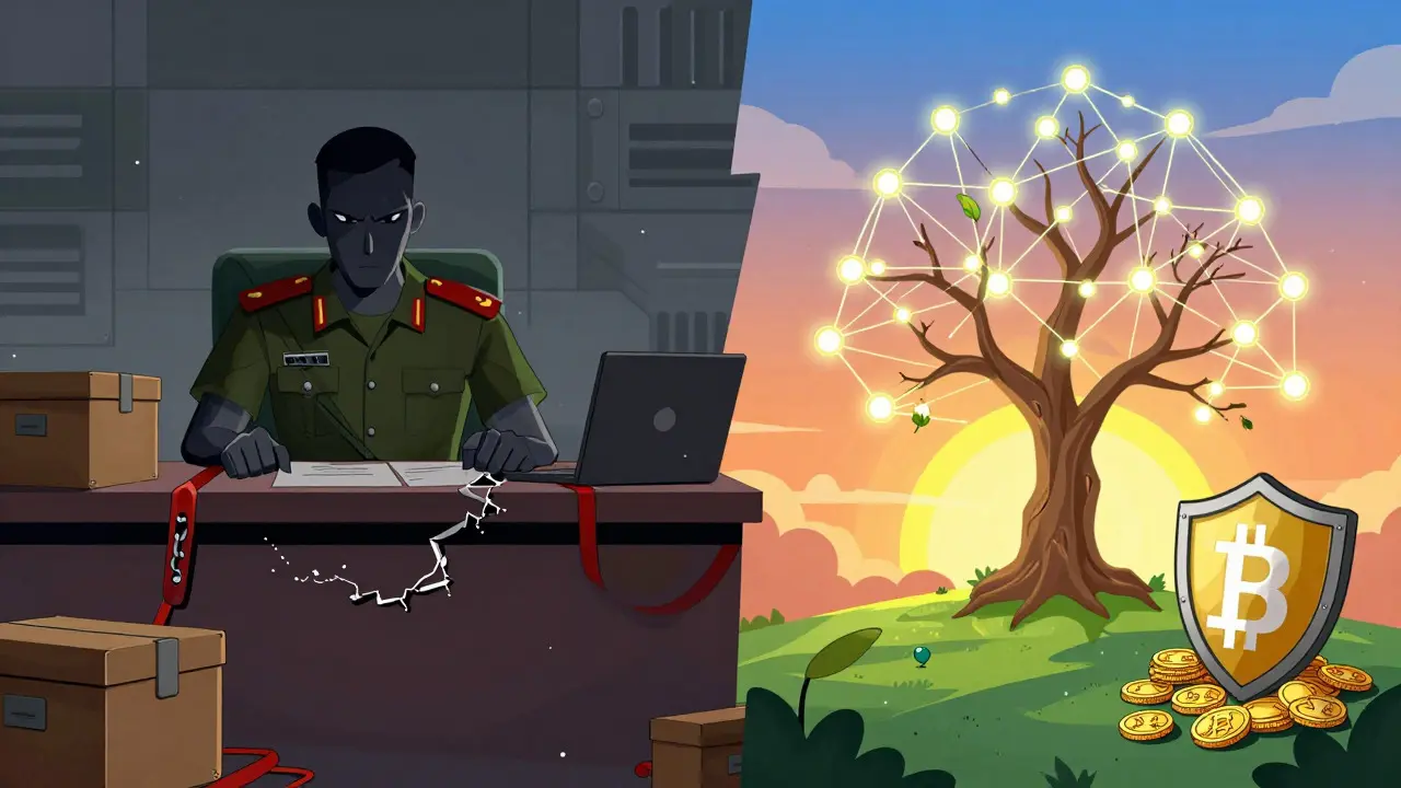 Cartoon split view of government control versus growing crypto network