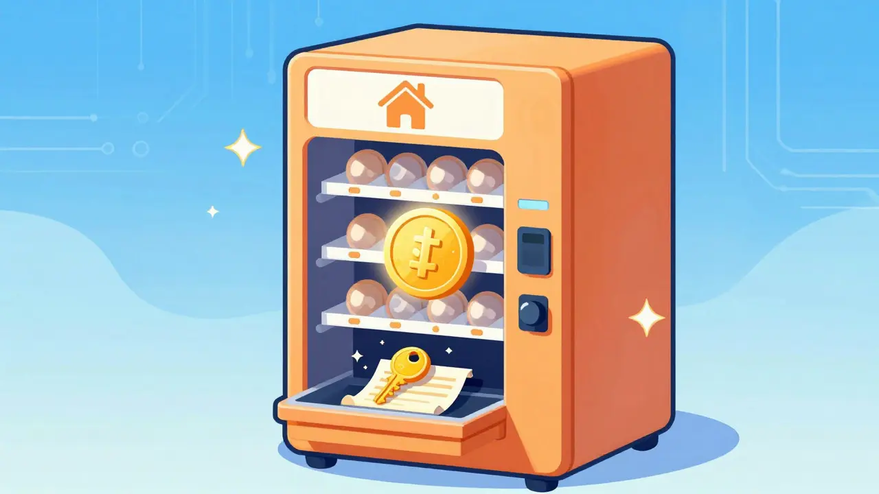 Cartoon vending machine dispensing house keys and deeds after receiving a digital token.