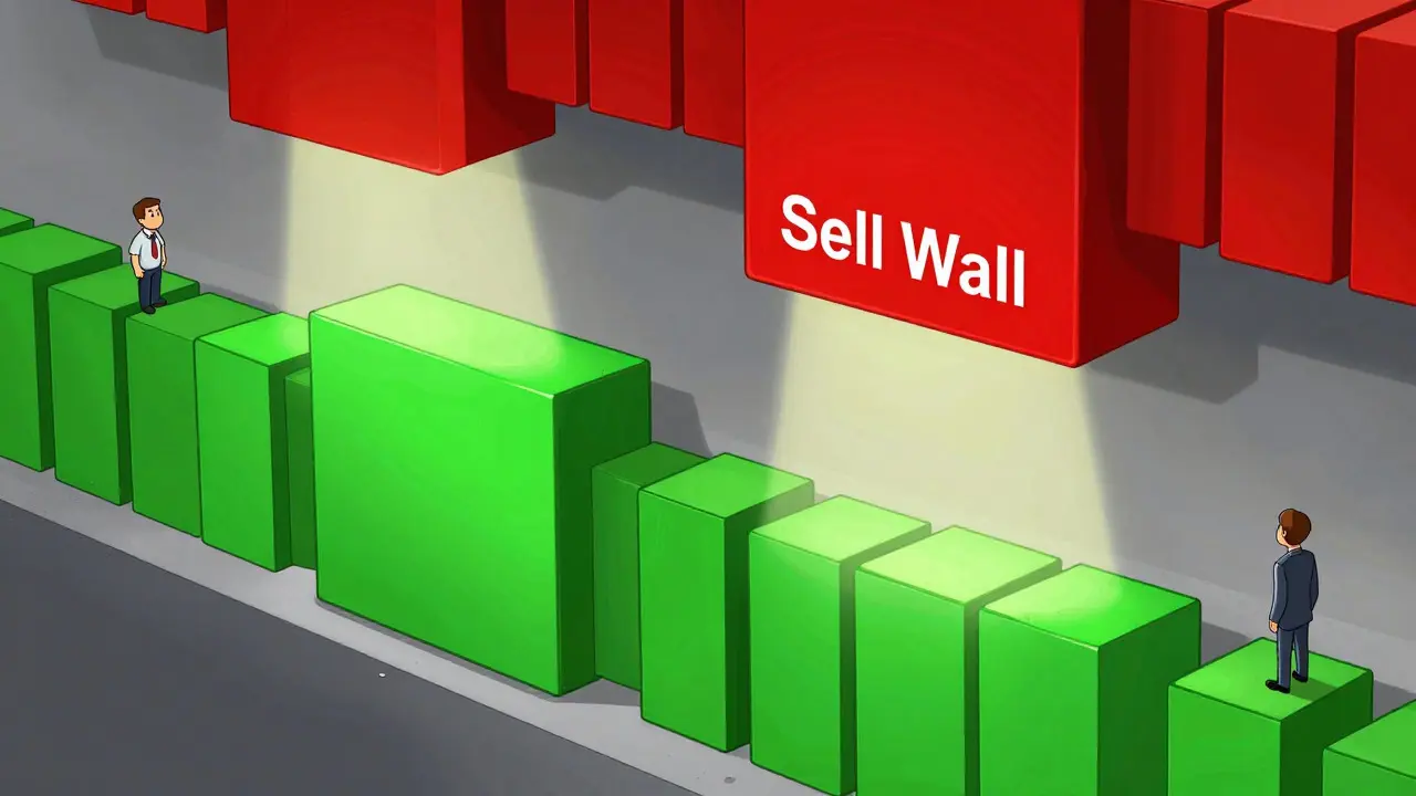 Cartoon visualization of buy and sell walls forming market support and resistance