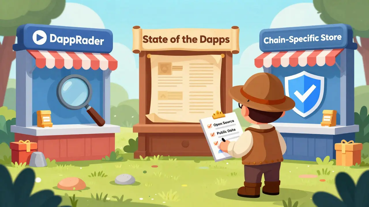 Detective character checking trusted dApp directories for safe decentralized apps
