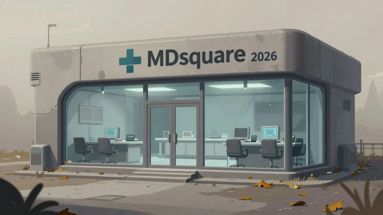 Dusty, abandoned futuristic clinic symbolizing a dormant crypto project