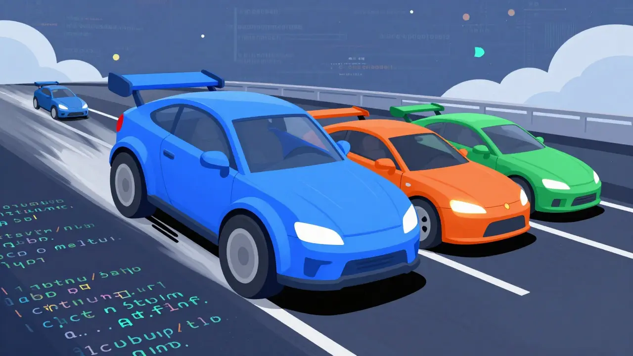 Futuristic cartoon race of blockchain vehicles on a code-paved track showing hierarchy