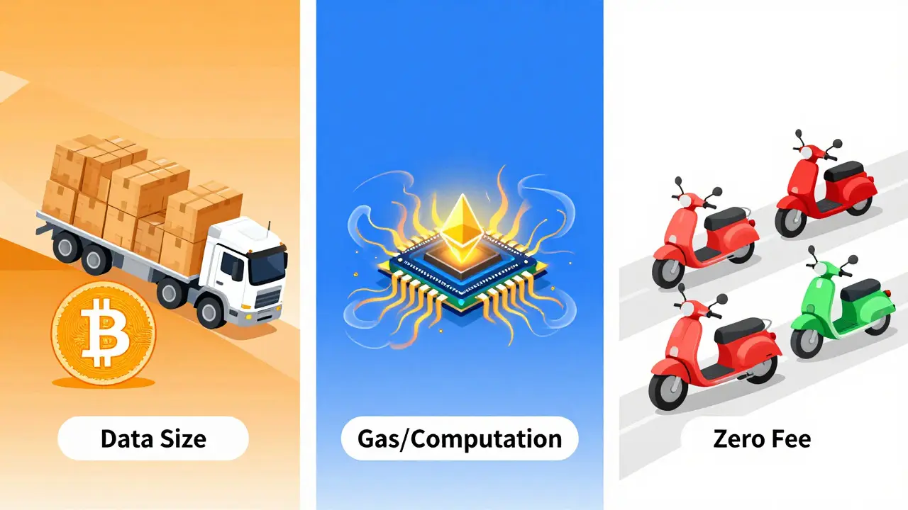 Illustration comparing Bitcoin, Ethereum, and low-fee crypto networks visually