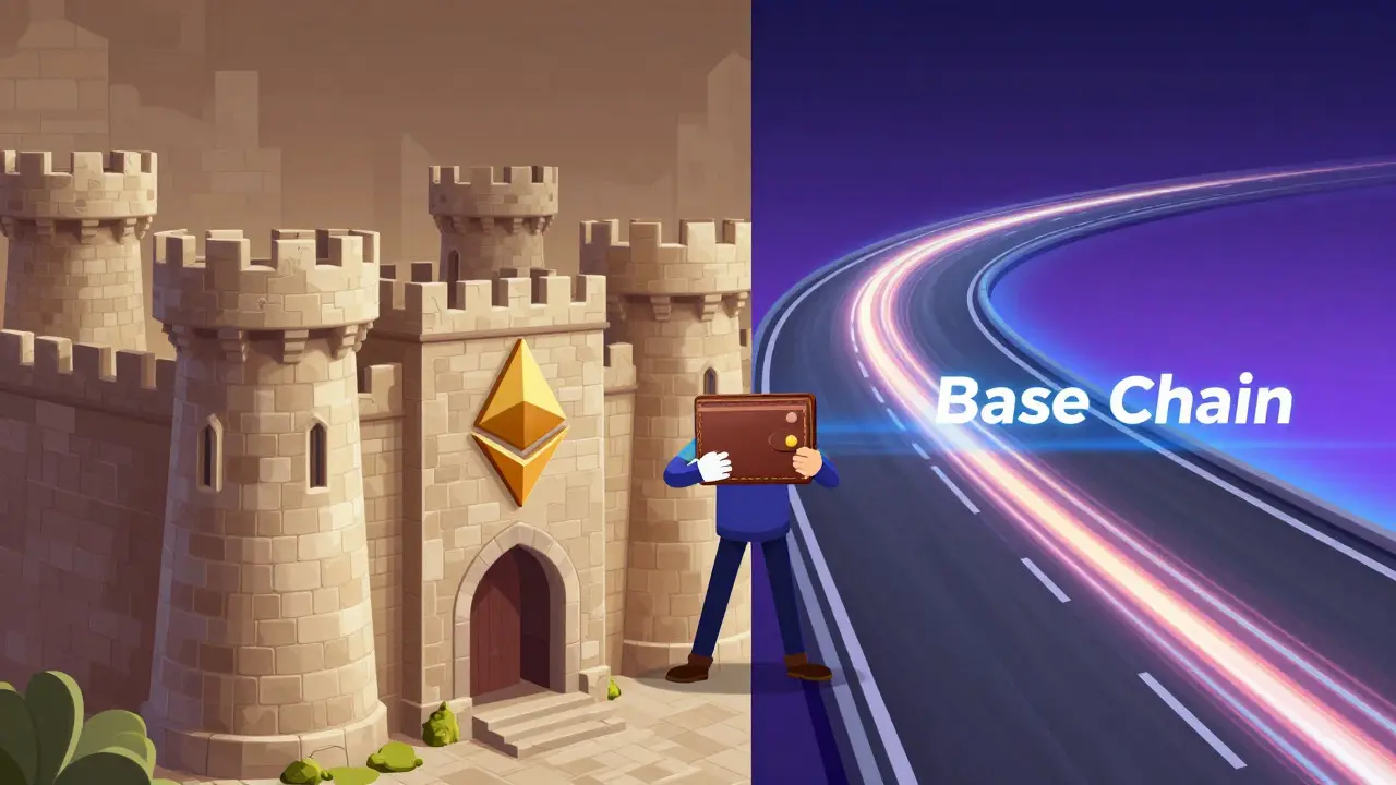 Illustration of a castle and futuristic highway representing two blockchains