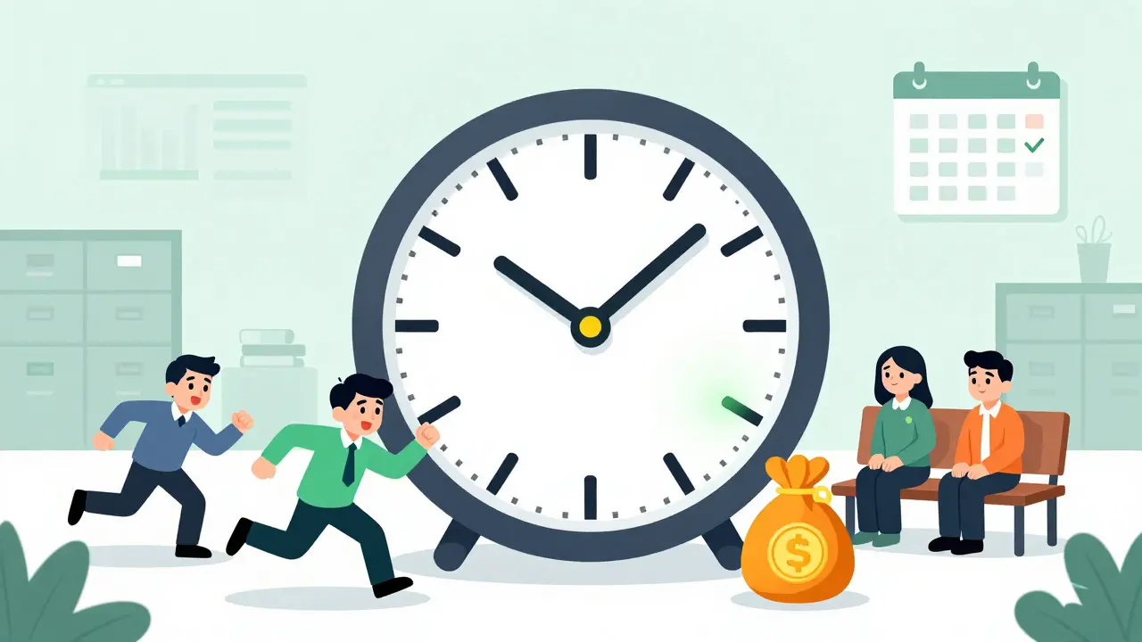 Illustration of a clock and investors showing the benefit of long-term crypto holding