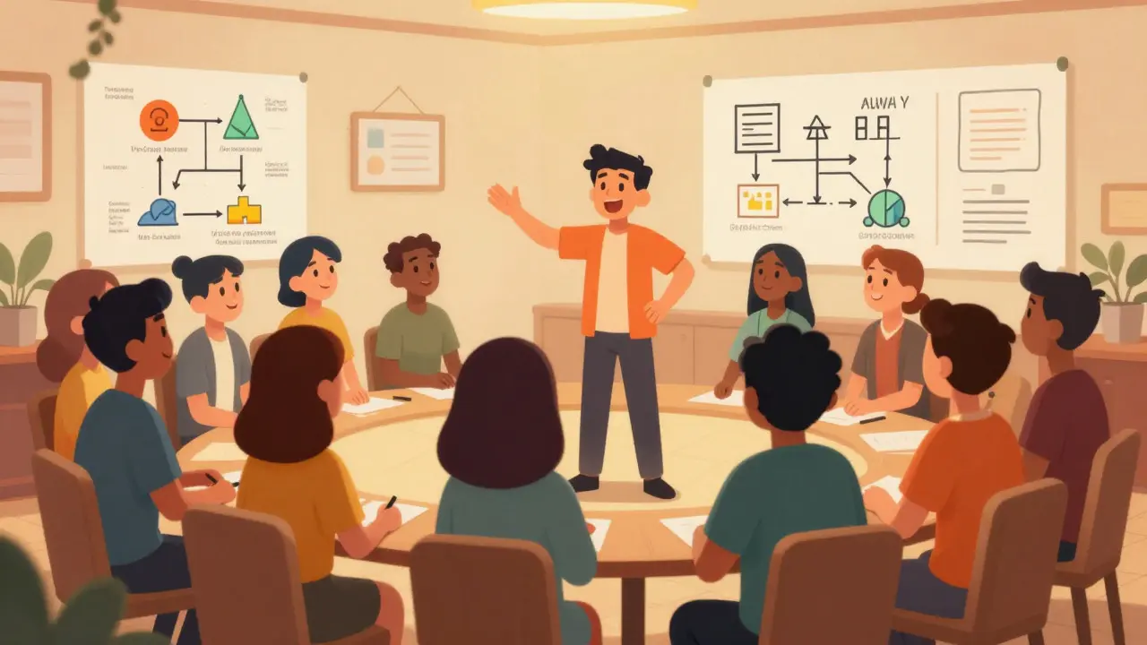 Illustration of a community leader teaching crypto basics to a group