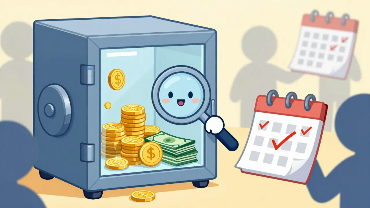 Illustration of a magnifying glass auditing coins in a transparent vault