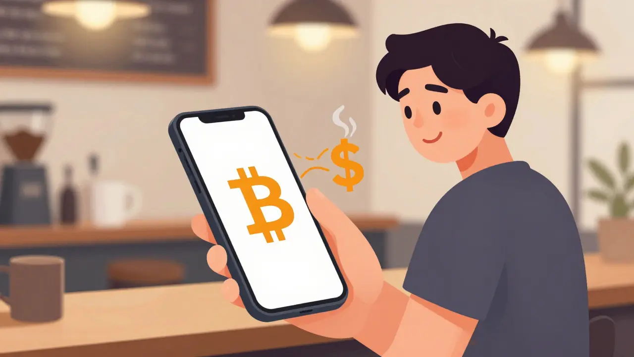 Illustration of a person using a crypto calculator app at a coffee shop