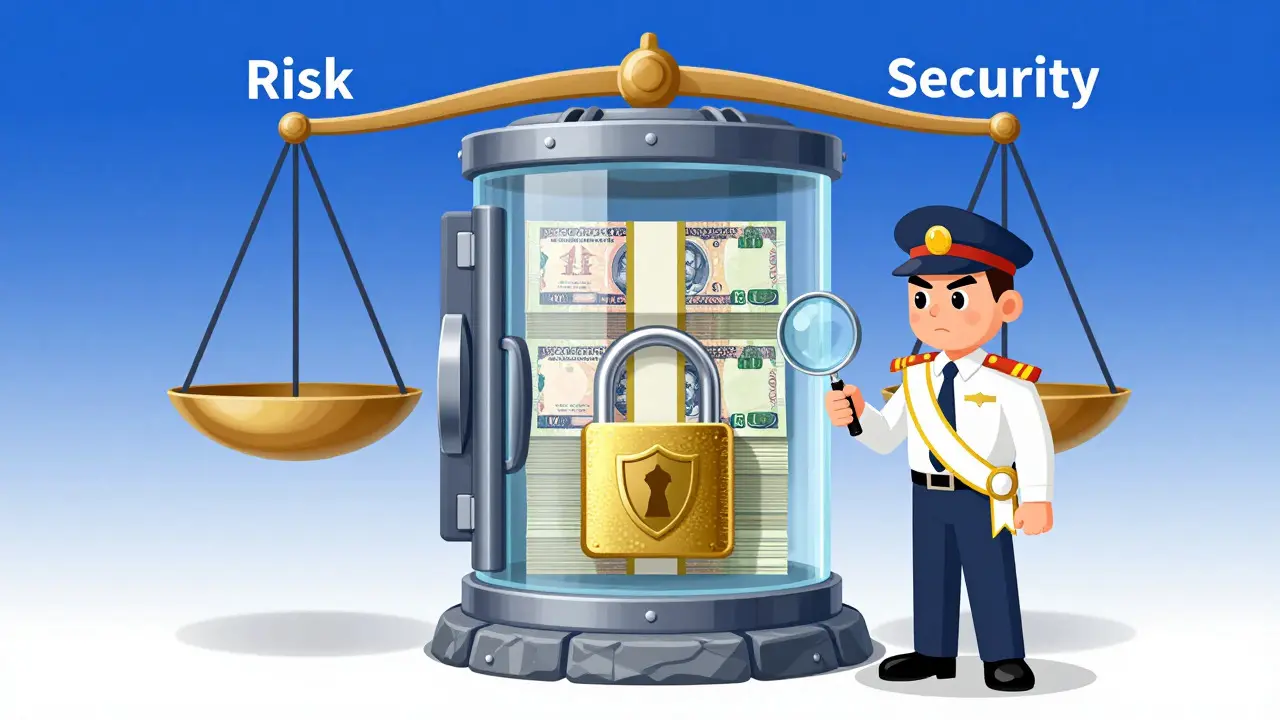 Illustration of a secure vault with capital funds being inspected by a regulator in a cartoon style