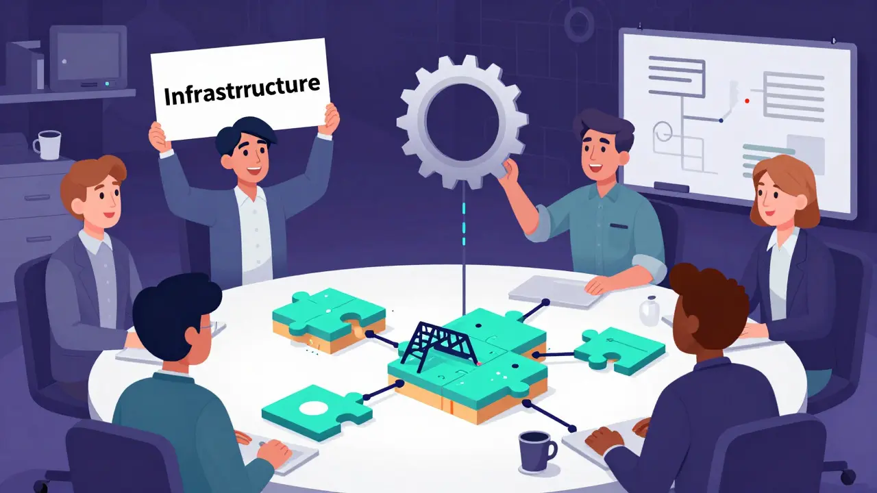 Illustration of engineers integrating blockchain modules into traditional software systems