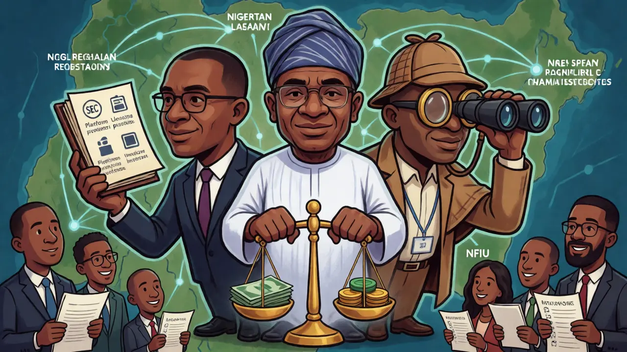 Illustration of three regulator figures representing SEC, CBN, and NFIU overseeing Nigerian finance.