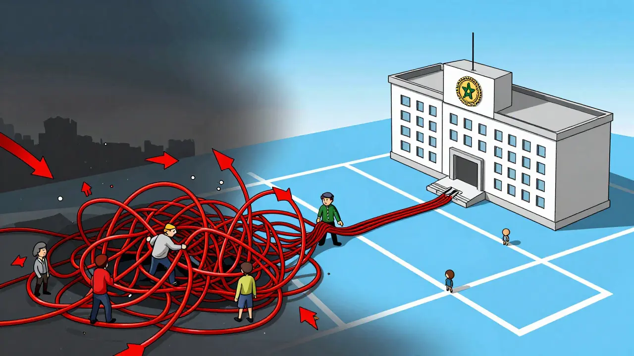 Illustration of transition from chaotic underground trading to regulated system