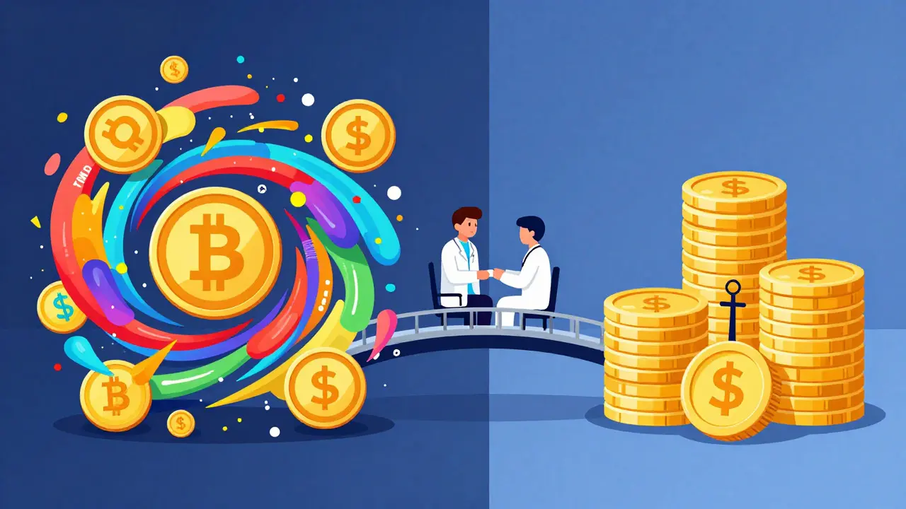 Illustration of volatile crypto tokens converting to stable medical points