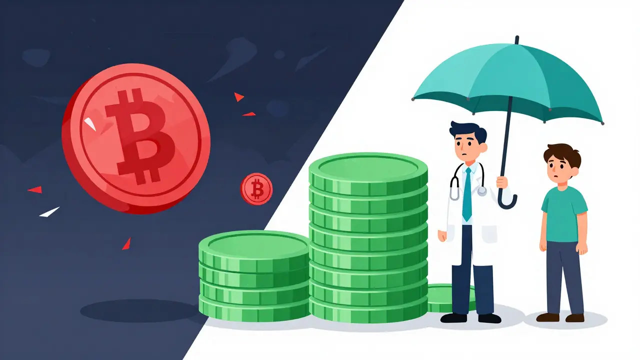 Illustration showing volatile crypto tokens vs stable medical payment points