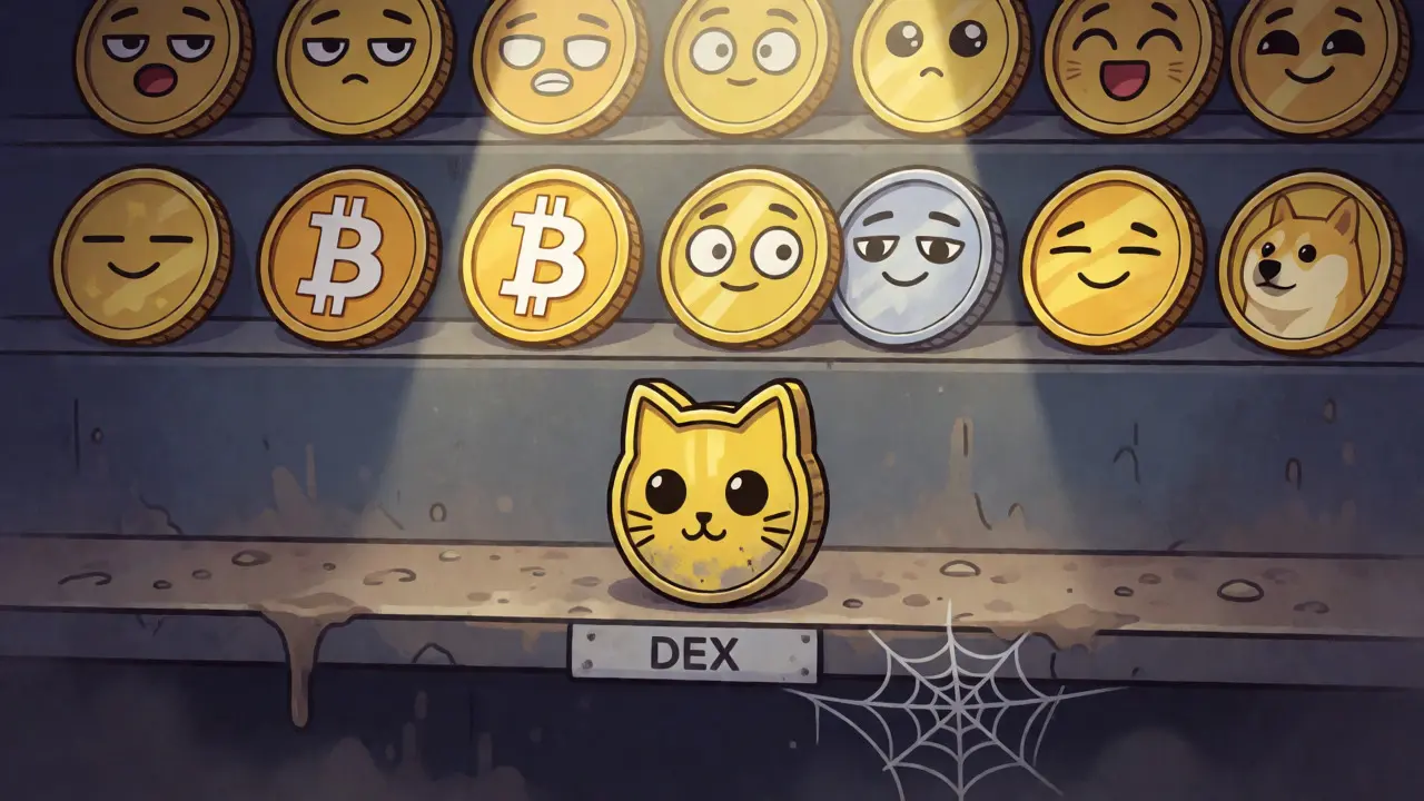 Lonely cartoon cat-coin gathering dust on an empty DEX shelf.
