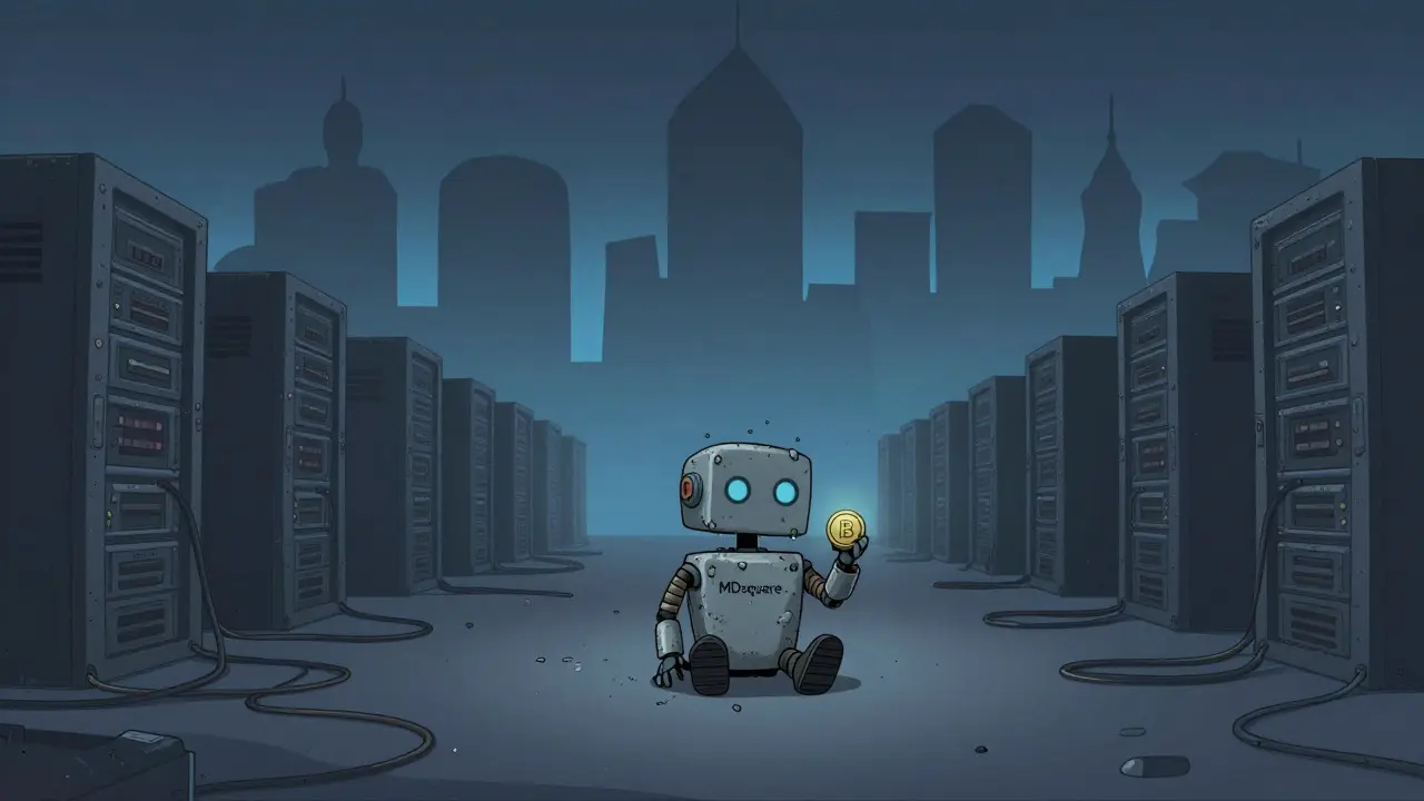 Lonely robot representing a dormant crypto project in a digital void
