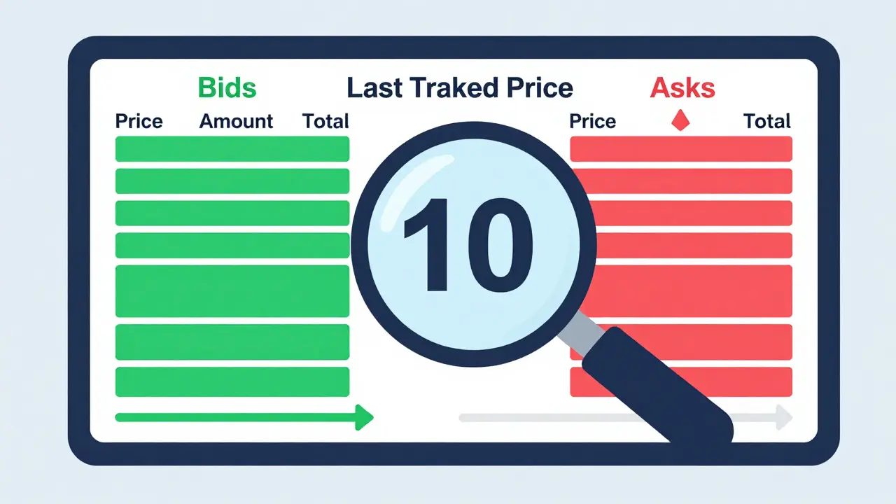 Magnifying glass inspecting green bids and red asks in a cartoon order book