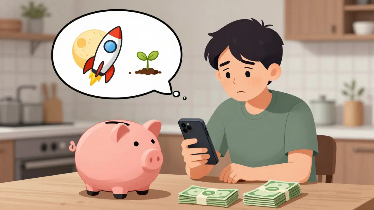Person checking low crypto earnings on phone, contrasting hope with reality.