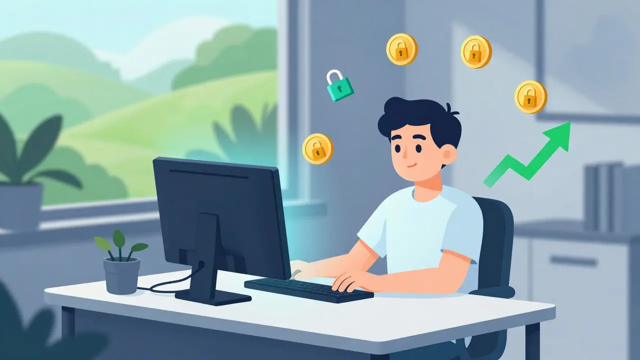 Relaxed person in quiet home office with silent server and green eco-icons.
