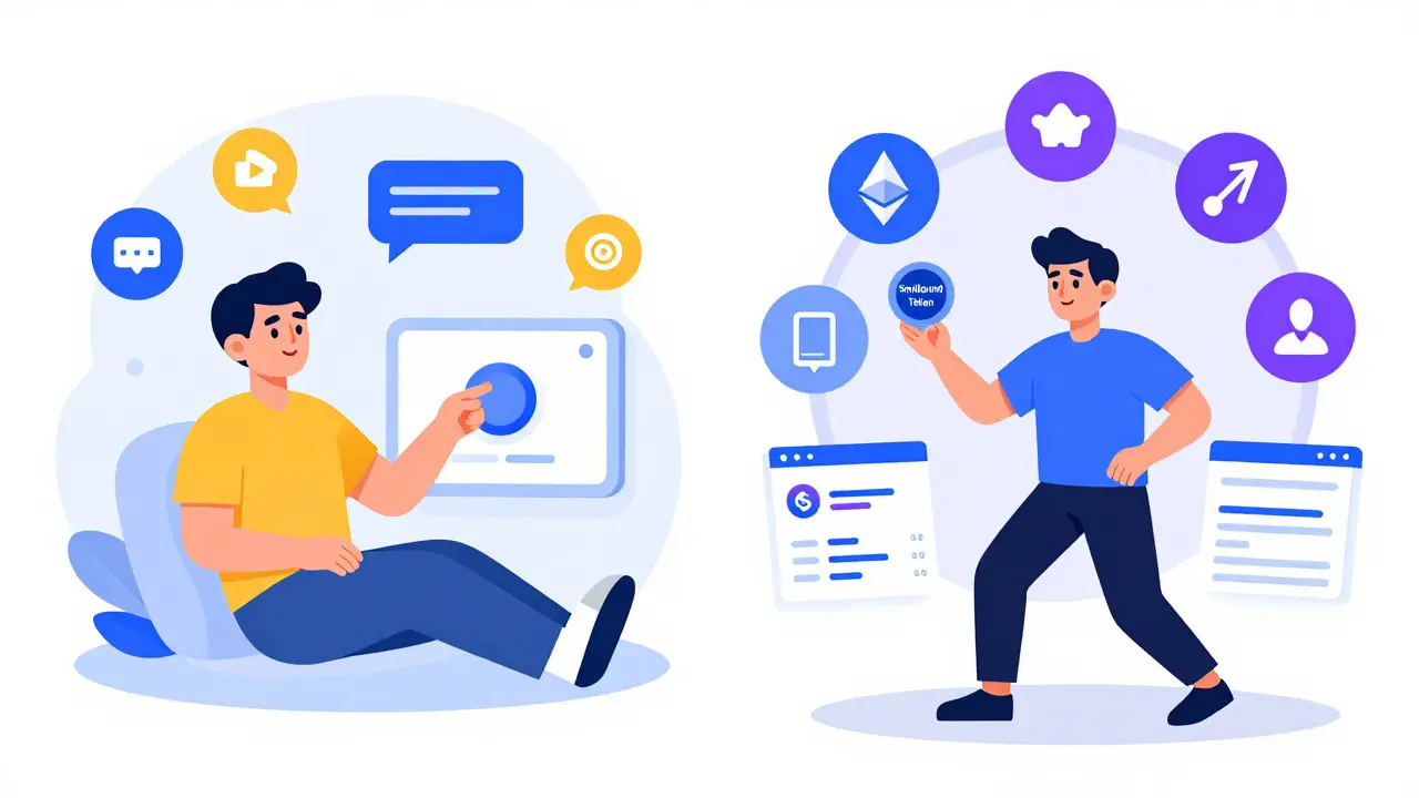 Split screen comparing easy 2021 social tasks vs complex modern blockchain activities