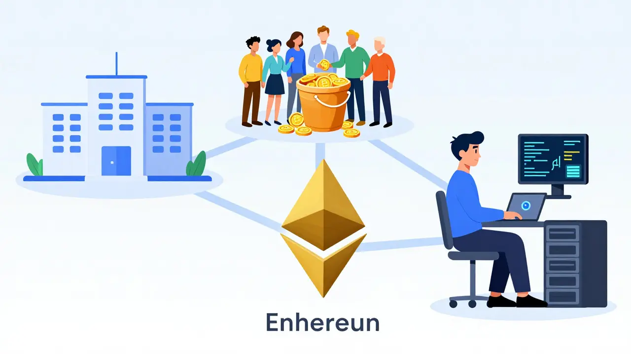 Three cartoon paths for staking: exchange, pooling, and solo validation.